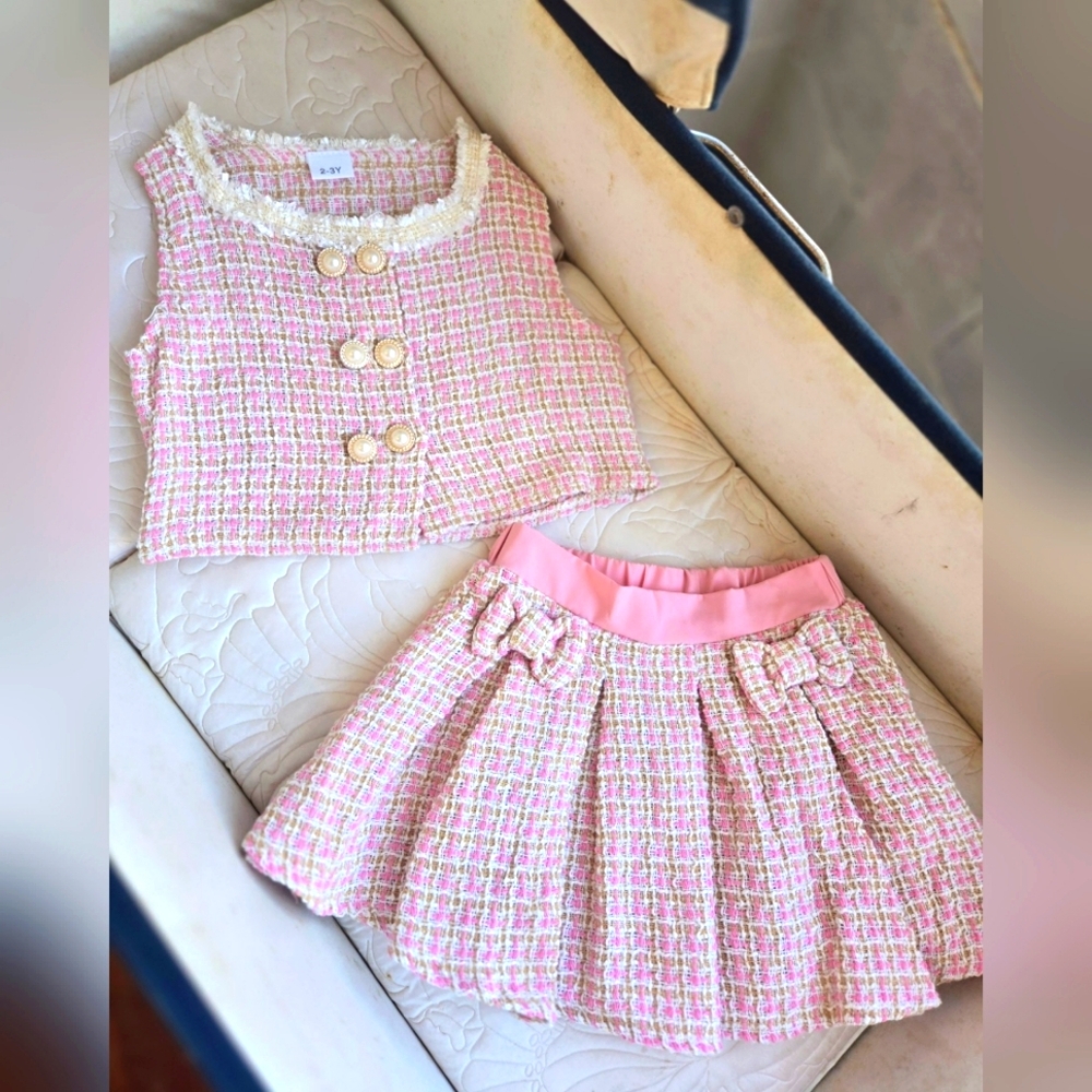 Pink "As If" Tweed Kids Skirt Set